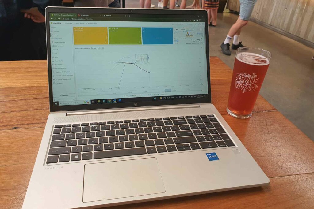 A laptop showing energy consumption data using the Smappee platform, located at the Stone & Wood Brewing Co.